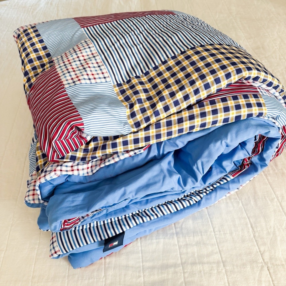 Vtg Tommy Hilfiger‎ Madras Patchwork Comforter Full Size Double Primary Colors